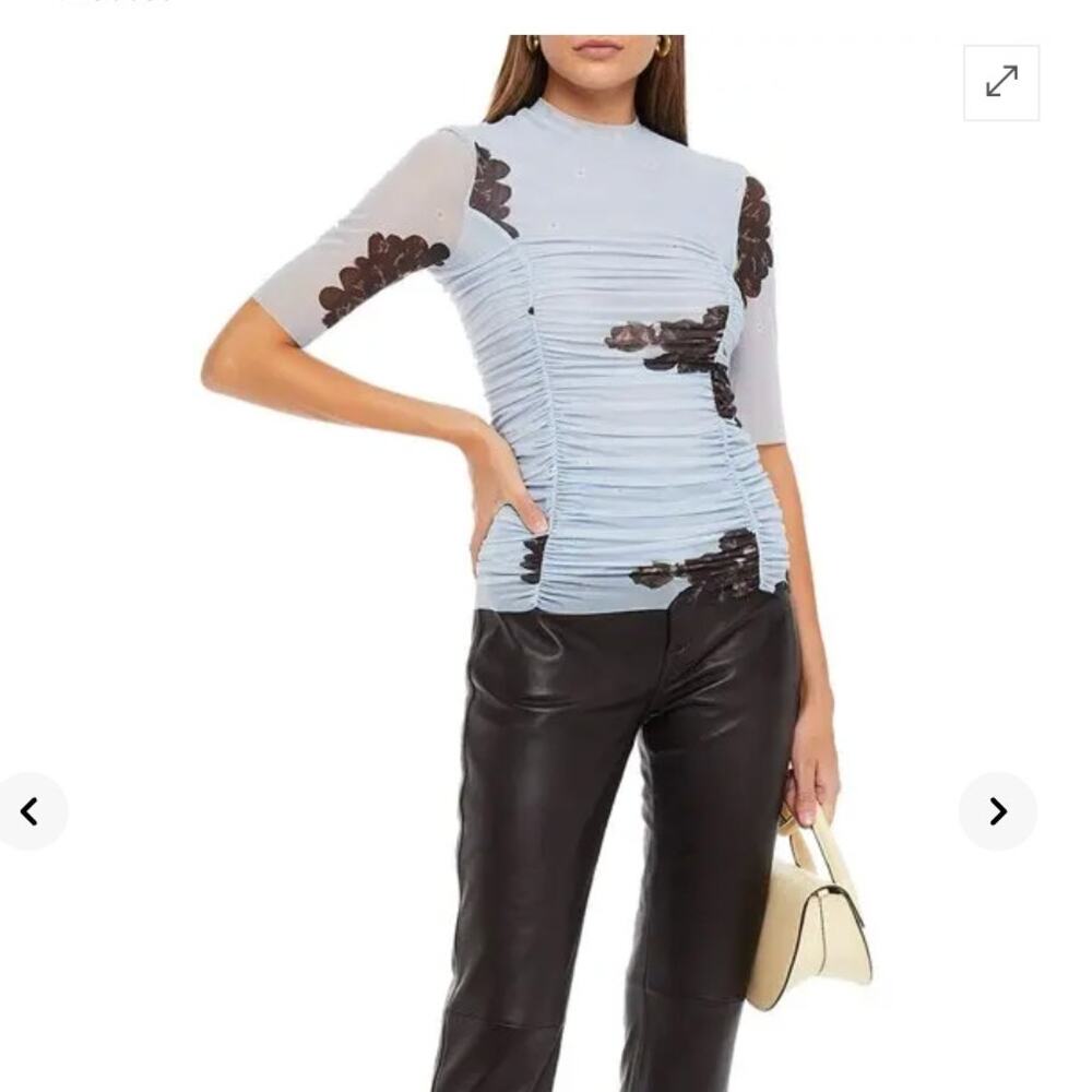 GANNI ruched floral-print stretch-mesh top